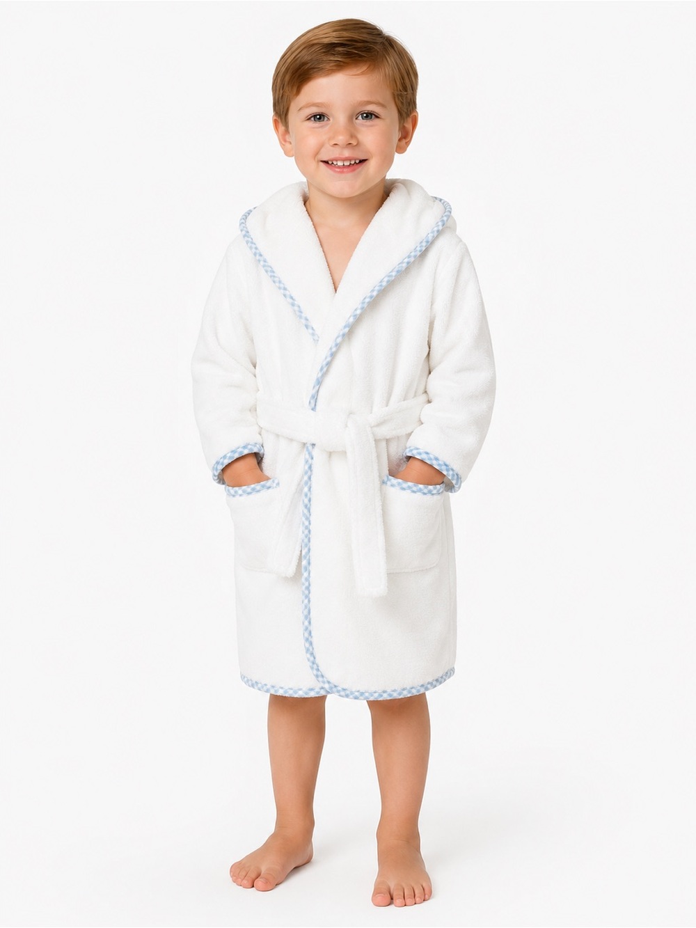Lil Weezie Kids Hooded Terry Bathrobe 3-4Y White Blue Gingham Cotton